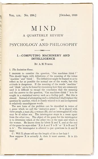 Turing, Alan (1912-1954) Computing, Machinery, and Intelligence, published in Mind: a Quarterly Review of Psychology and Philosophy.